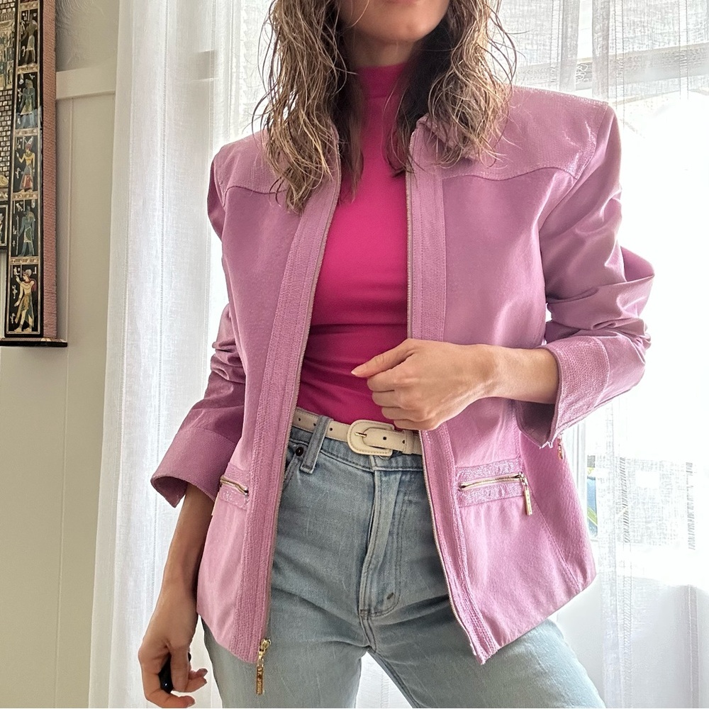 St. John Sport Lavender Utility Jacket Sz M Suede Leather Snake Shimmer Western